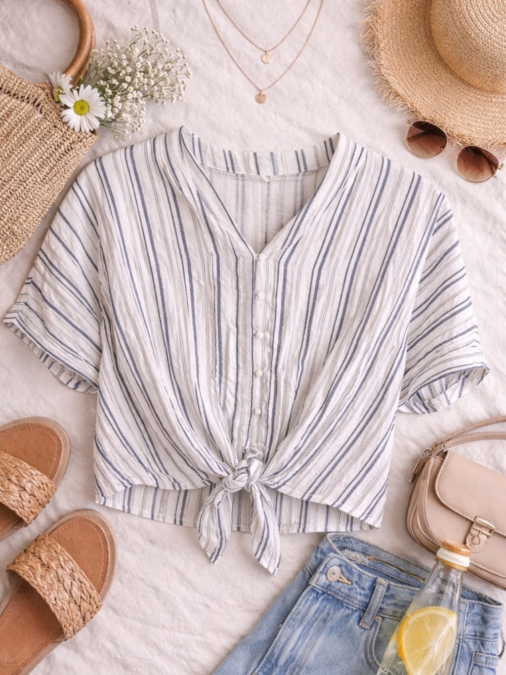 Sim & Sam Boho Striped Tie Front Crop Top Women Large Rayon Blouse
